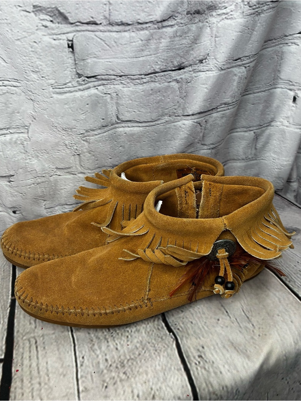 Southwestern Prairie Boho Desert Chic Camel Suede Fringe Moccasin Fall Booties 8